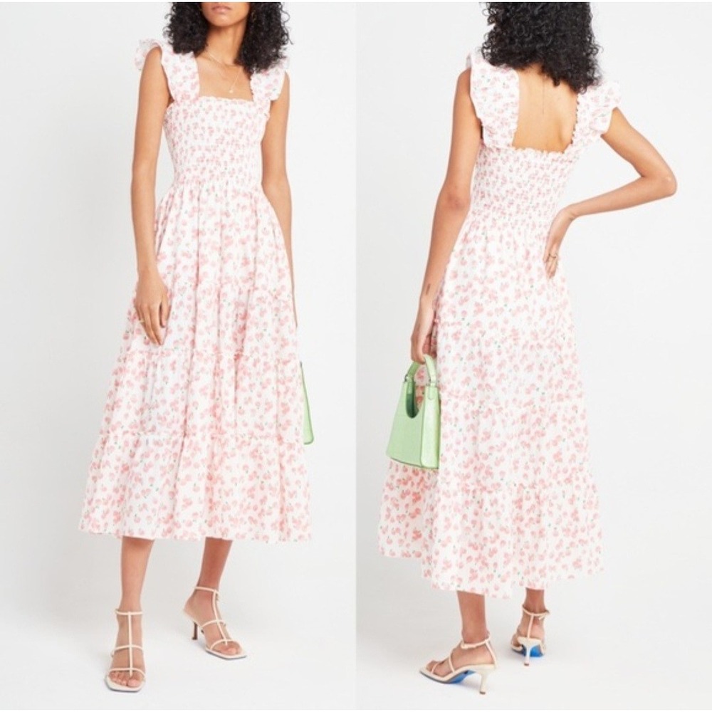 Kourt Calypso Cherry Print Smocked Square Neck Tiered Midi Dress Ruffle Straps